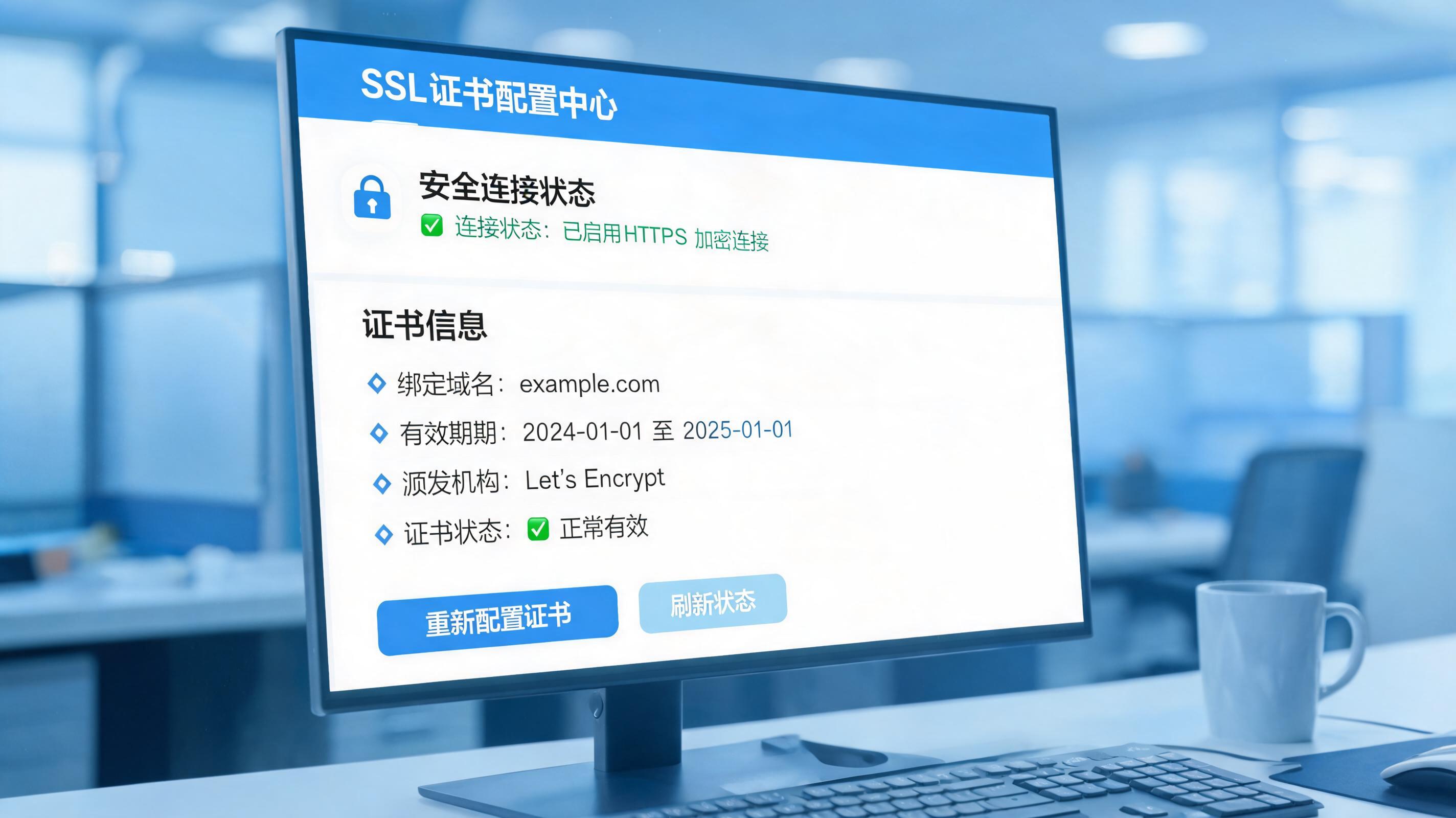 SSL证书配置界面与加密标识示意,展示安全连接状态