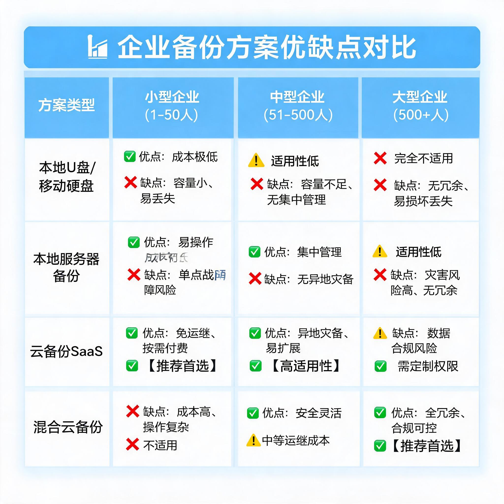 不同备份方案优缺点对比表格,标注适用企业规模